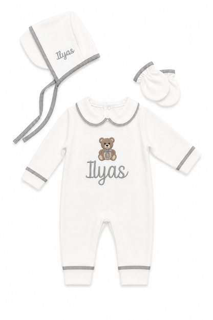 Luxe 3 delige geboorteset wit met details met naam en figuur