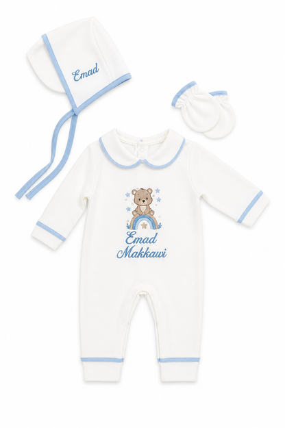 Luxe 3 delige geboorteset wit met details met naam en figuur