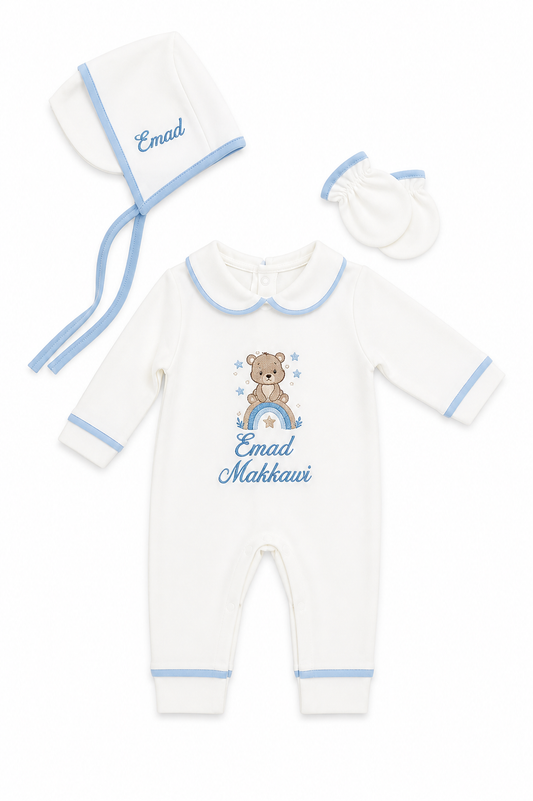 Luxe 3 delige geboorteset wit met details met naam en figuur