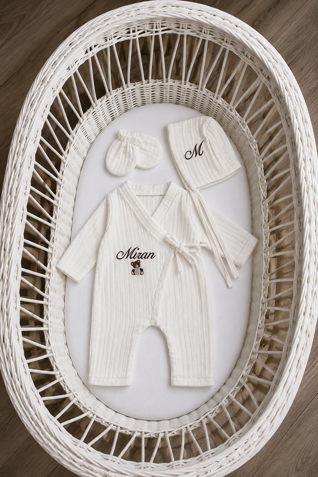 Mousseline 3 delig geboorteset gepersonaliseerd met naam en figuur