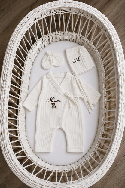 Mousseline 3 delig geboorteset gepersonaliseerd met naam en figuur