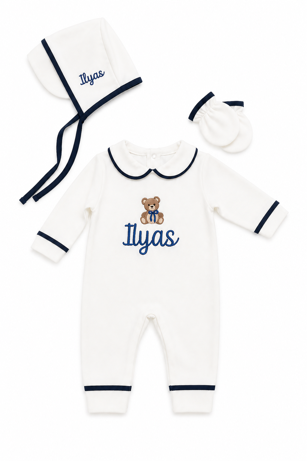 Luxe 3 delige geboorteset wit met details met naam en figuur