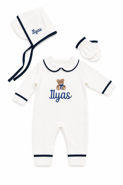 Luxe 3 delige geboorteset wit met details met naam en figuur
