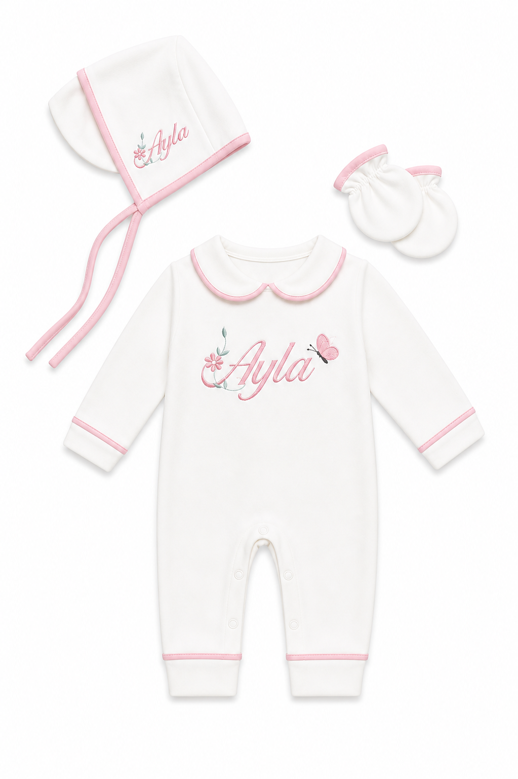 Luxe 3 delige geboorteset wit met details met naam en figuur