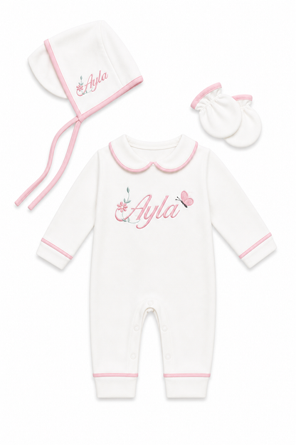 Luxe 3 delige geboorteset wit met details met naam en figuur