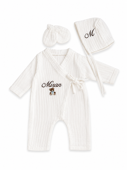 Mousseline 3 delig geboorteset gepersonaliseerd met naam en figuur