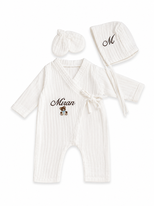 Mousseline 3 delig geboorteset gepersonaliseerd met naam en figuur