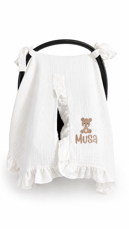 Mousseline Maxi Cosi hoes gepersonaliseerd met naam en figuur