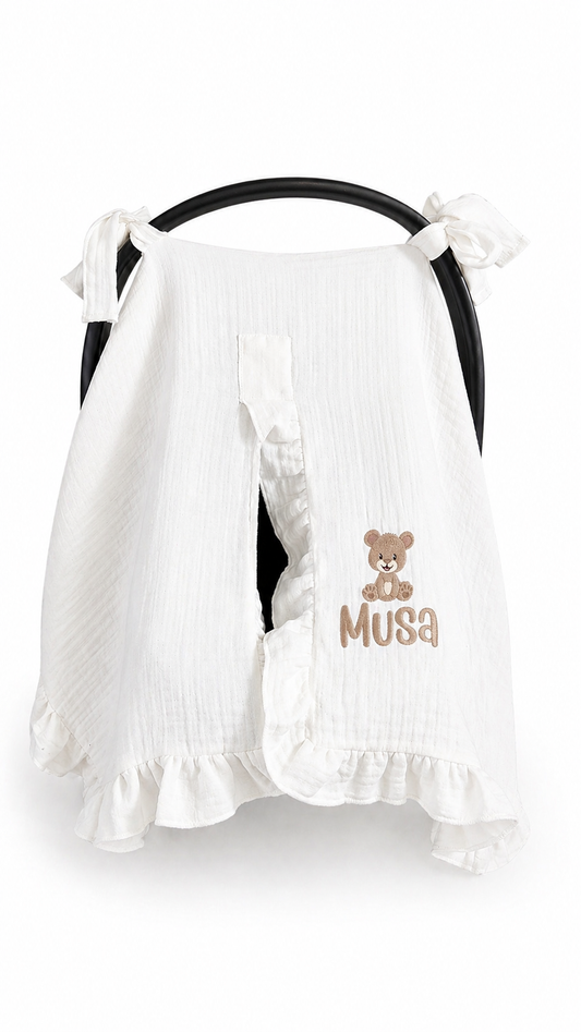 Mousseline Maxi Cosi hoes gepersonaliseerd met naam en figuur