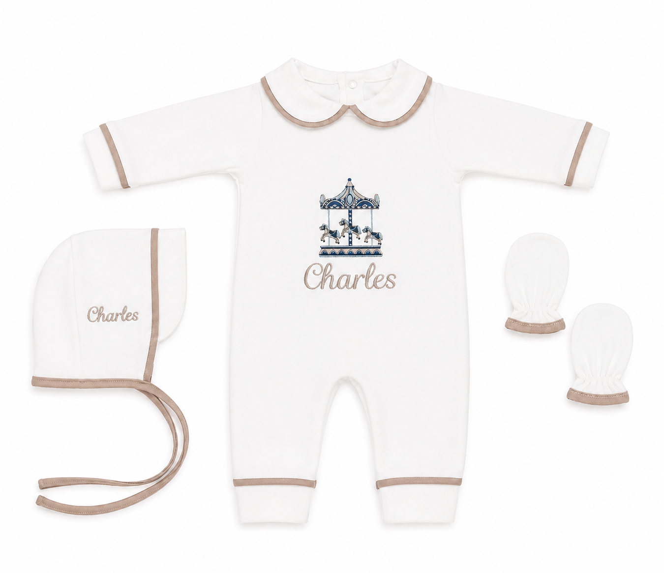 Luxe 3 delige geboorteset wit met details met naam en figuur