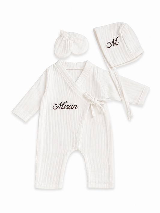 Mousseline 3 delig geboorteset gepersonaliseerd met naam