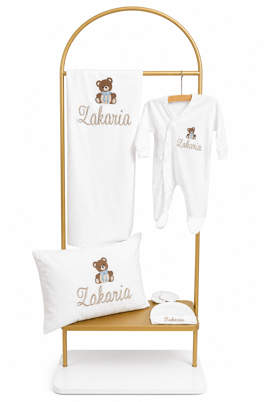 Classic geboorteset wit 5 delig gepersonaliseerd met naam en figuur