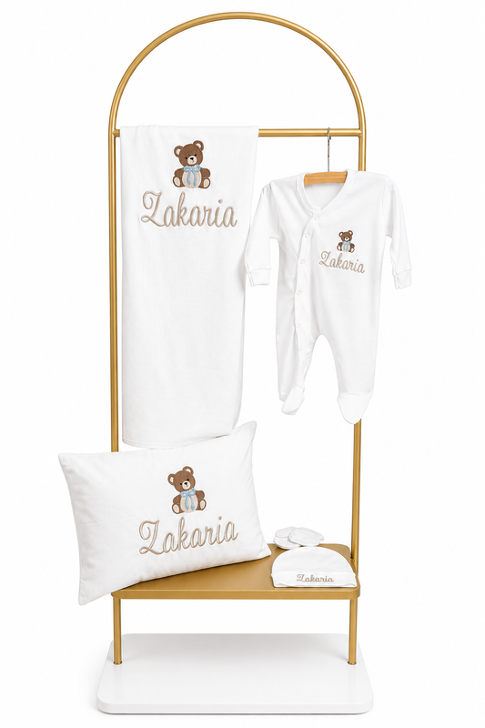 Classic geboorteset wit 5 delig gepersonaliseerd met naam en figuur
