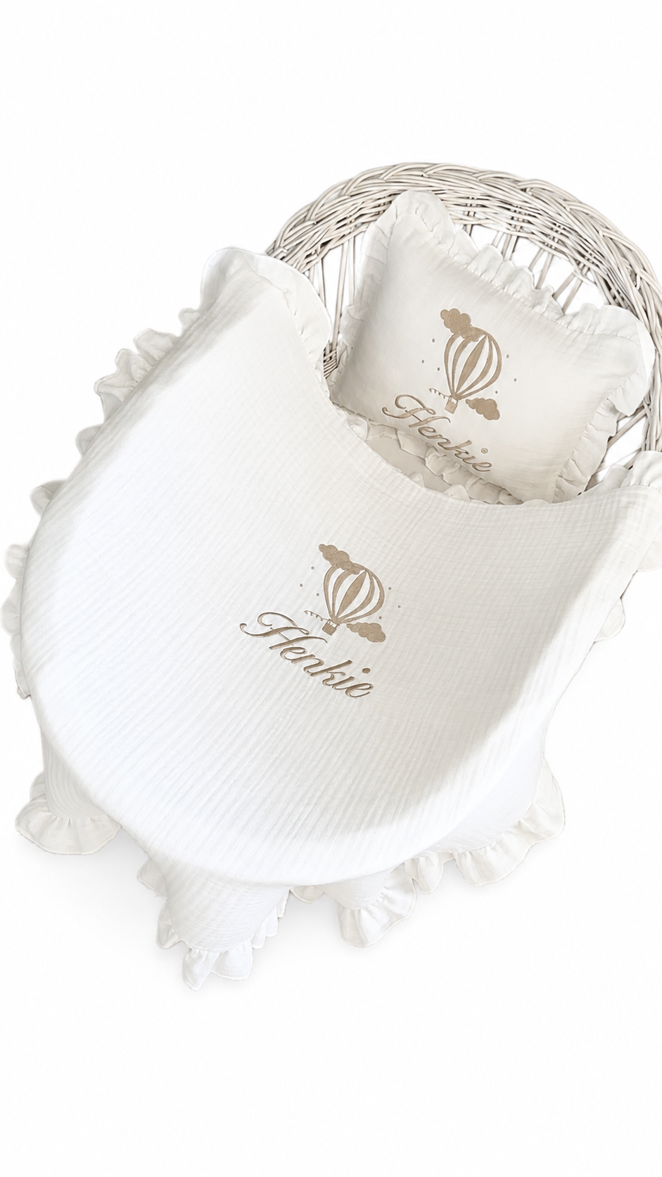 Mousseline deken en kussenhoes set met franjes - gepersonaliseerd met naam en figuur