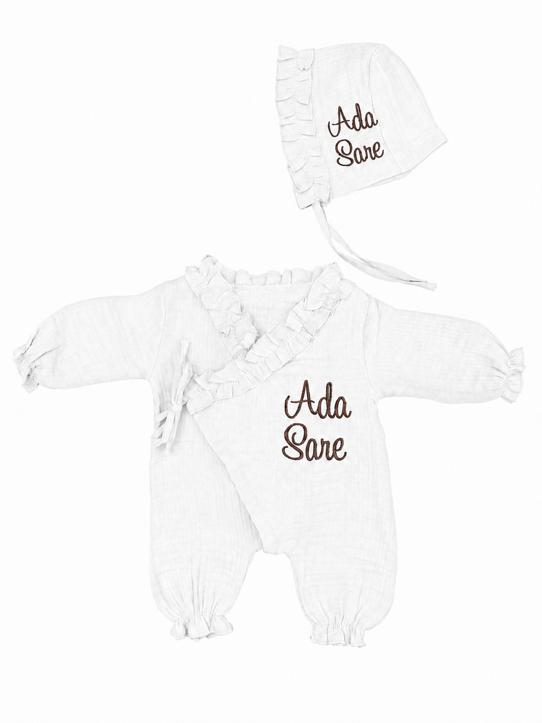 Mousseline 2 delig geboorteset met ruffle - gepersonaliseerd met naam