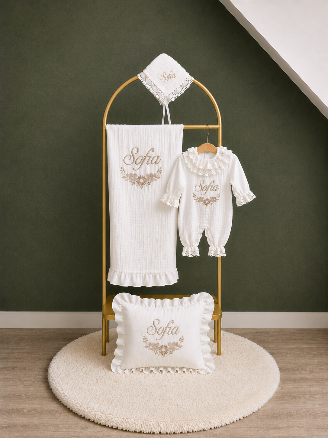 Gepersonaliseerde Mousseline Geboorteset met Kant – Naam & Figuur – 4