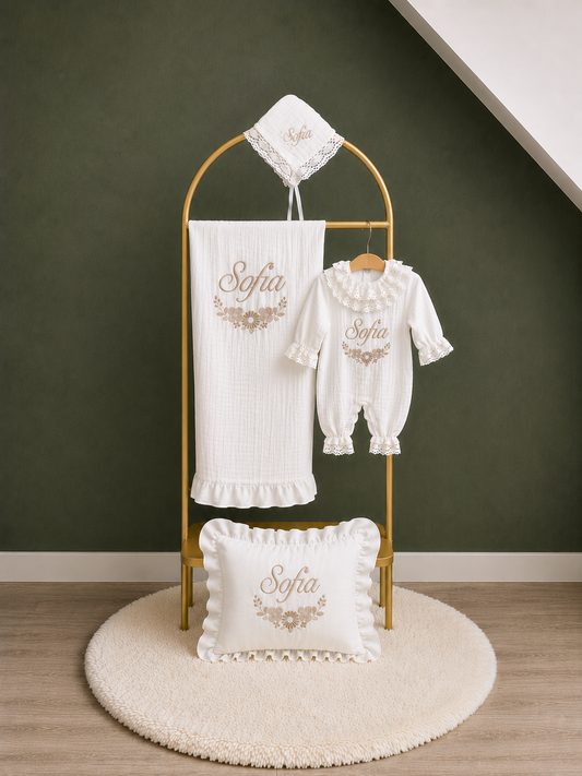 Gepersonaliseerde Mousseline Geboorteset met Kant – Naam & Figuur – 4