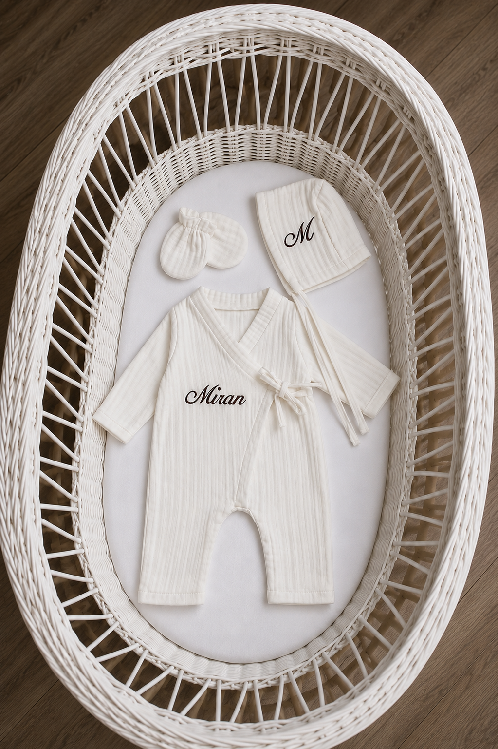 Mousseline 3 delig geboorteset gepersonaliseerd met naam
