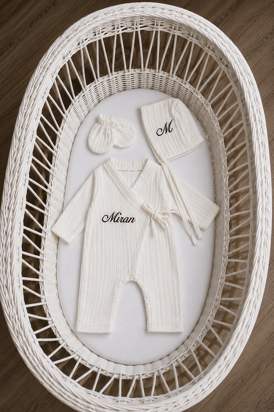 Mousseline 3 delig geboorteset gepersonaliseerd met naam